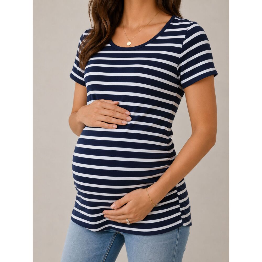 H&M Mama Maternity Striped Top Navy White Short Sleeve Ruched Stretch Tee XS